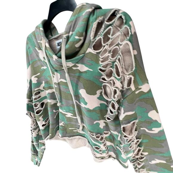 NSF Hoodie Womens M Green Camo Distressed Holes Cropped Sweatshirt USA Grunge - Picture 2 of 14